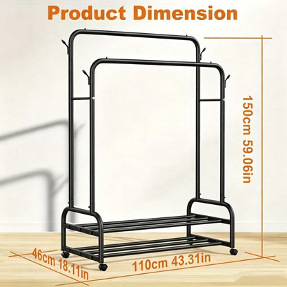 LEO IRIS Durable Metal Hanger With Double Poles And Wheels, Equipped With Shelves And Hooks, Poles And Wheels, Equipped With Shelves And Hooks…A Multifunctional Wardrobe Solution Suitable For Independent Metal Han