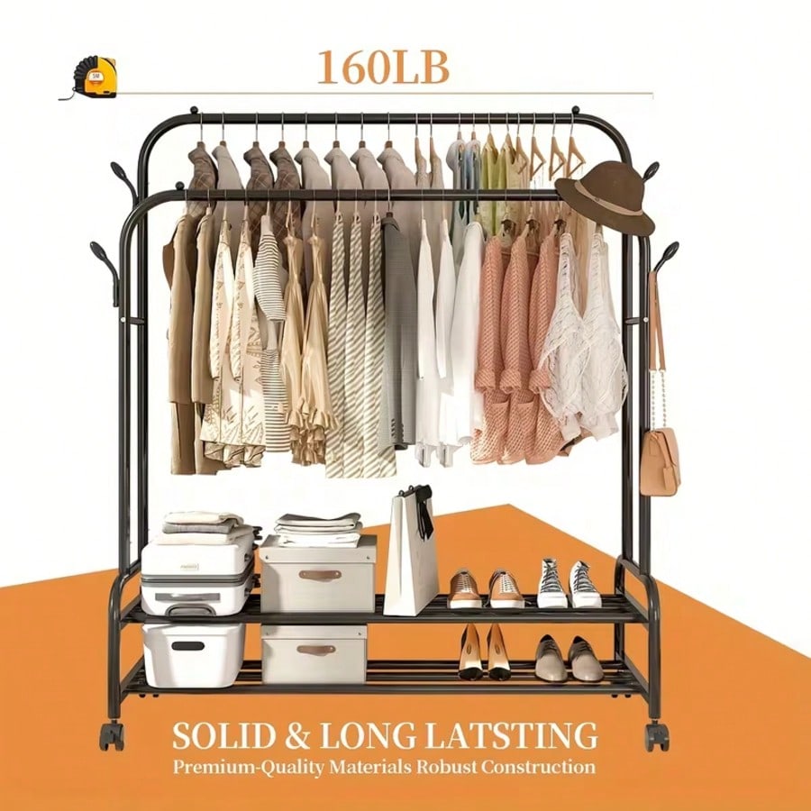 LEO IRIS Durable Metal Hanger With Double Poles And Wheels, Equipped With Shelves And Hooks, Poles And Wheels, Equipped With Shelves And Hooks…A Multifunctional Wardrobe Solution Suitable For Independent Metal Han