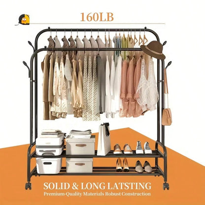 LEO IRIS Durable Metal Hanger With Double Poles And Wheels, Equipped With Shelves And Hooks, Poles And Wheels, Equipped With Shelves And Hooks…A Multifunctional Wardrobe Solution Suitable For Independent Metal Han