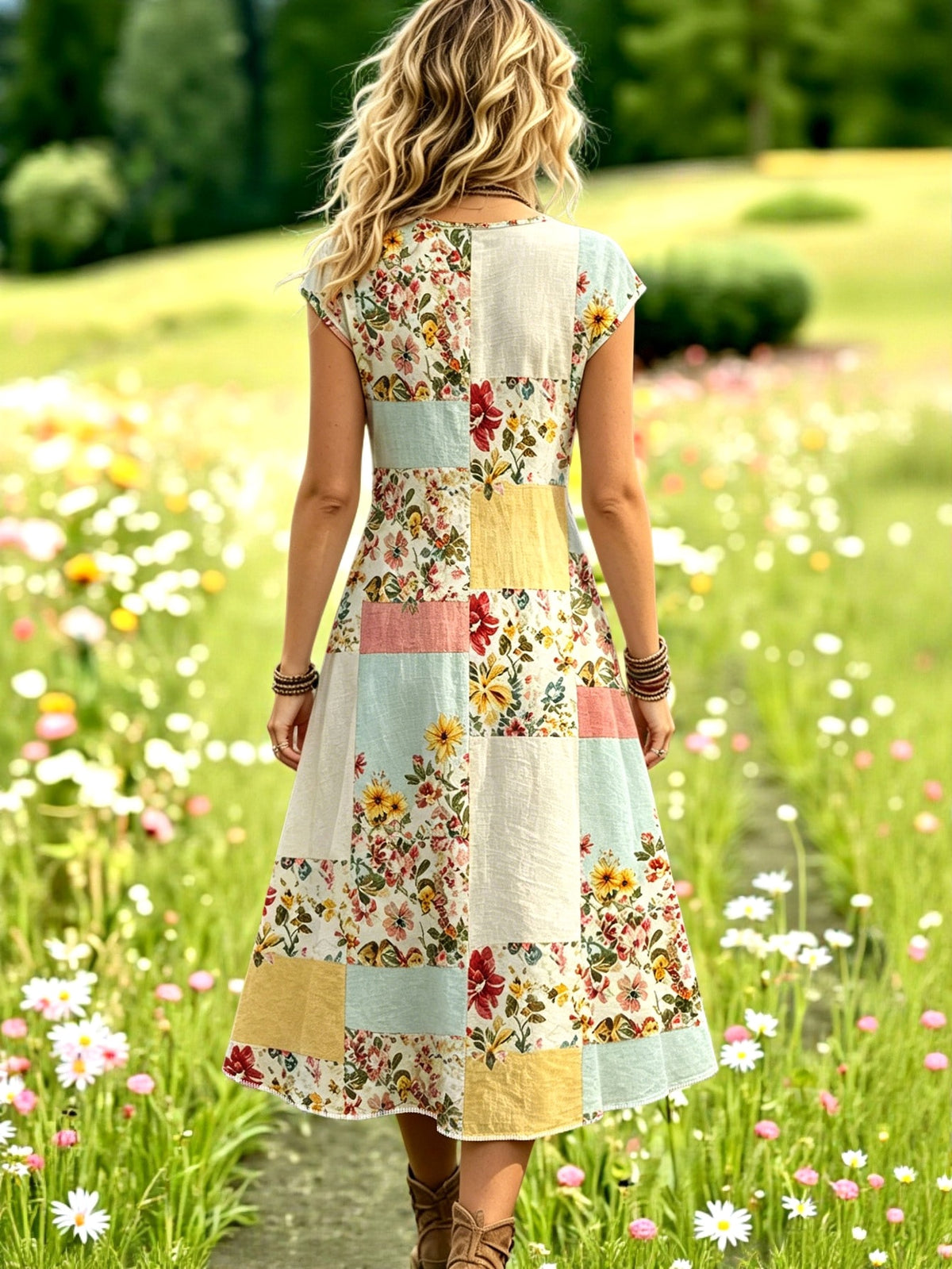 Selamara Bohemian Pastoral Style Faux Patchwork Floral Print Dress, Mori Style Gentle Relaxed V-Neck Sleeveless Dress, Summer Beach Casual Vacation Travel A-Line Dress