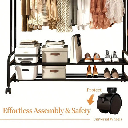 LEO IRIS Durable Metal Hanger With Double Poles And Wheels, Equipped With Shelves And Hooks, Poles And Wheels, Equipped With Shelves And Hooks…A Multifunctional Wardrobe Solution Suitable For Independent Metal Han