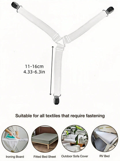 4Pcs/Set Triangle Quilt Holders, Metal Clip Adjustable Elastic Band Quilt Fixing Tool, Practical Invisible Anti-Slip Sheet Straps, Suitable For Sofa Cushions, Quilt Sheets, Home Textiles, Household Items-White