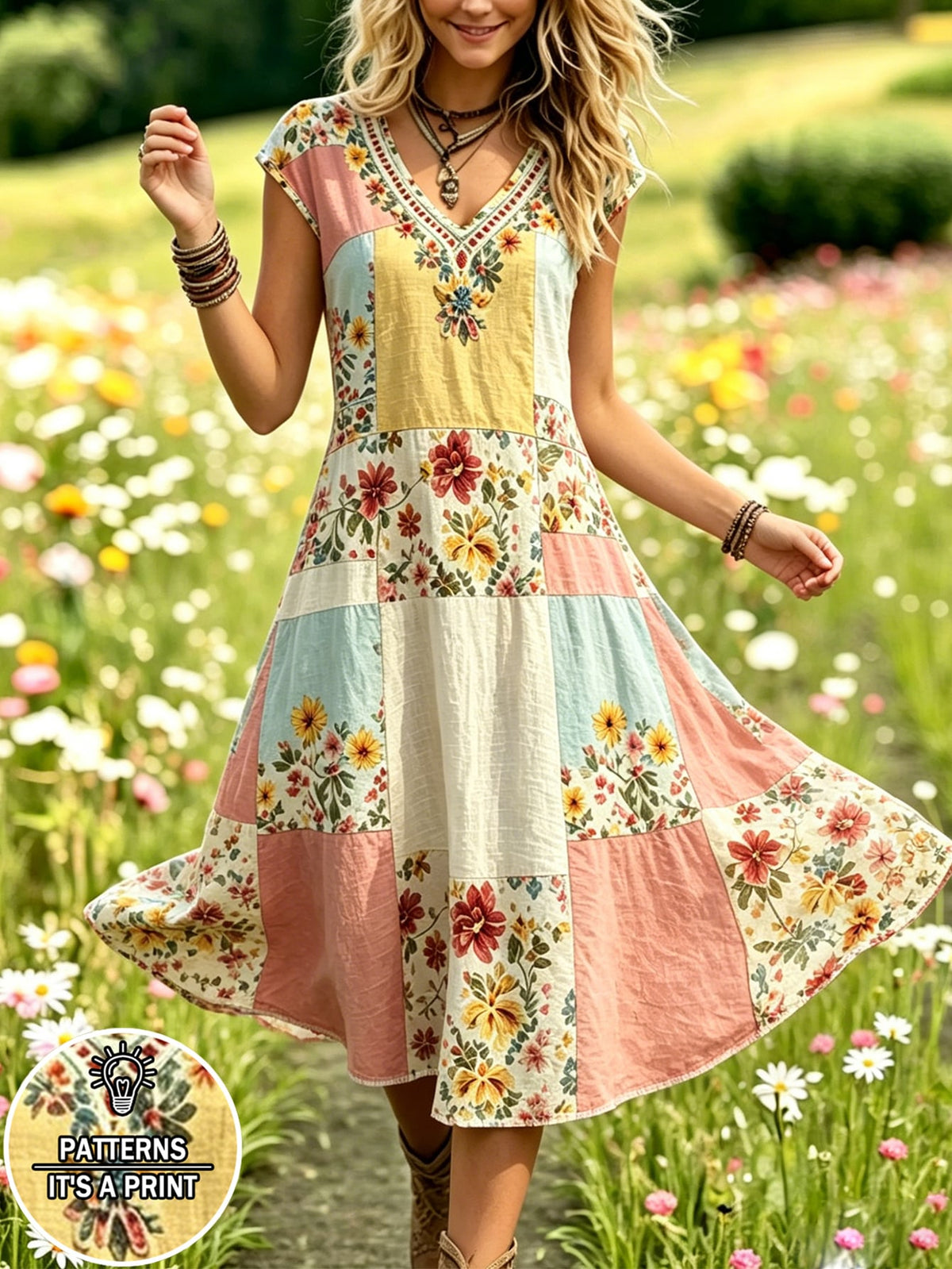 Selamara Bohemian Pastoral Style Faux Patchwork Floral Print Dress, Mori Style Gentle Relaxed V-Neck Sleeveless Dress, Summer Beach Casual Vacation Travel A-Line Dress