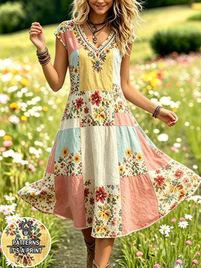 Selamara Bohemian Pastoral Style Faux Patchwork Floral Print Dress, Mori Style Gentle Relaxed V-Neck Sleeveless Dress, Summer Beach Casual Vacation Travel A-Line Dress