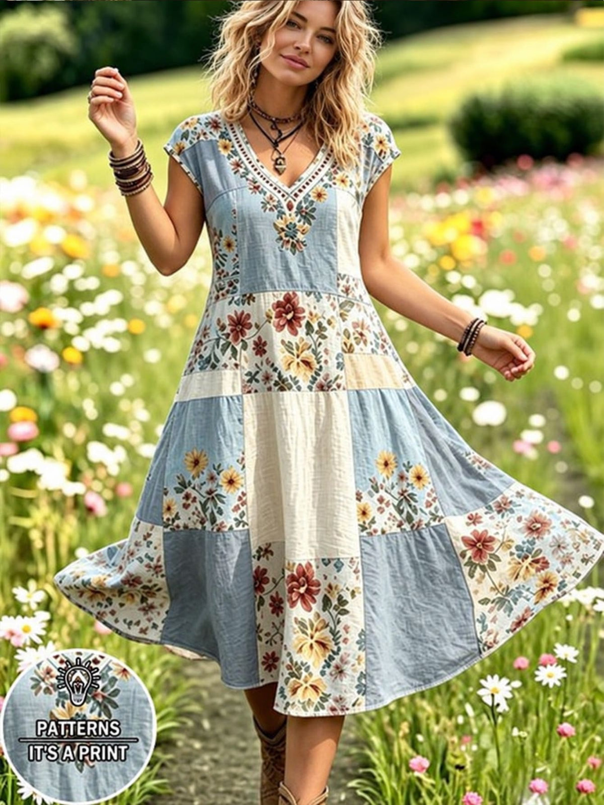 Selamara Bohemian Pastoral Style Faux Patchwork Floral Print Dress, Mori Style Gentle Relaxed V-Neck Sleeveless Dress, Summer Beach Casual Vacation Travel A-Line Dress