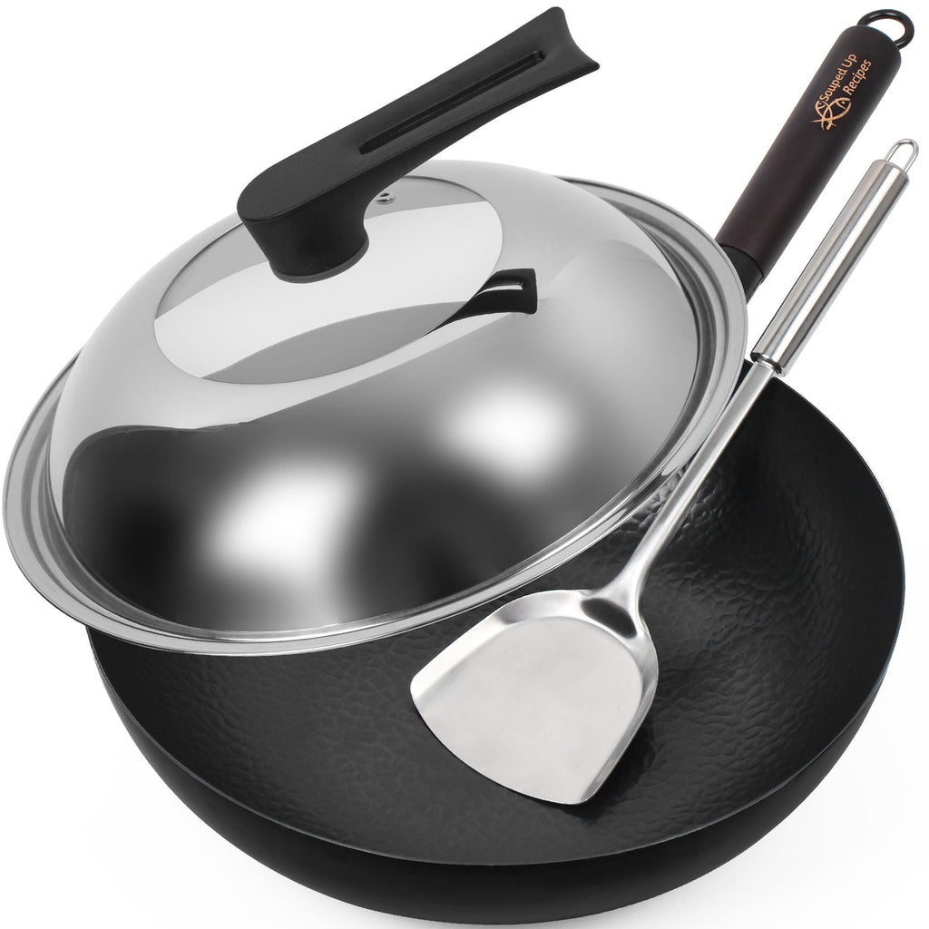 12.5 Inch Carbon Steel Wok For Electric, Induction and Gas Stoves (Lid, Spatula and User Guide Video Included)