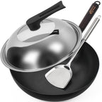 12.5 Inch Carbon Steel Wok For Electric, Induction and Gas Stoves (Lid, Spatula and User Guide Video Included)