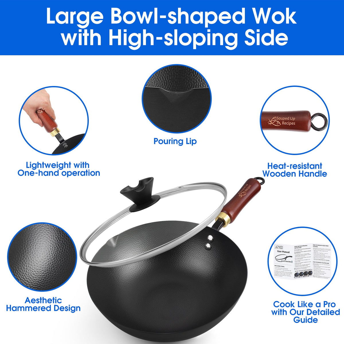 Souped Up Recipes 10 Inch Carbon Steel Wok For Electric, Induction and Gas Stoves (Lid and User Guide Video Included)