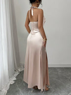 Elenzga Elegant Champagne Color Fitted Cami Dress, Elastic Satin Fabric Side Slit Maxi Length