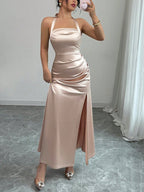 Elenzga Elegant Champagne Color Fitted Cami Dress, Elastic Satin Fabric Side Slit Maxi Length