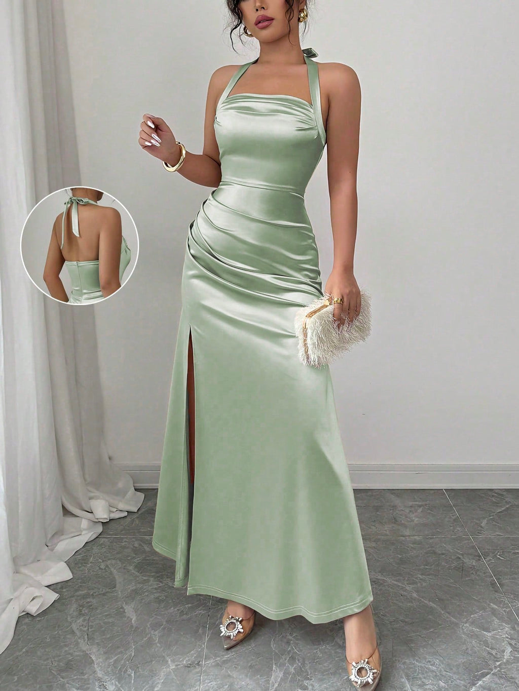 Elenzga Elegant Champagne Color Fitted Cami Dress, Elastic Satin Fabric Side Slit Maxi Length