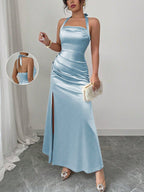 Elenzga Elegant Champagne Color Fitted Cami Dress, Elastic Satin Fabric Side Slit Maxi Length