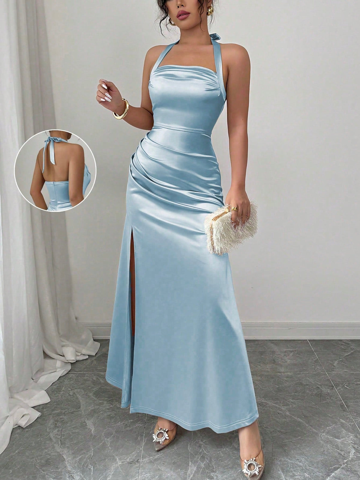 Elenzga Elegant Champagne Color Fitted Cami Dress, Elastic Satin Fabric Side Slit Maxi Length