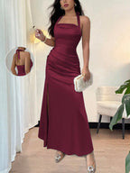 Elenzga Elegant Champagne Color Fitted Cami Dress, Elastic Satin Fabric Side Slit Maxi Length