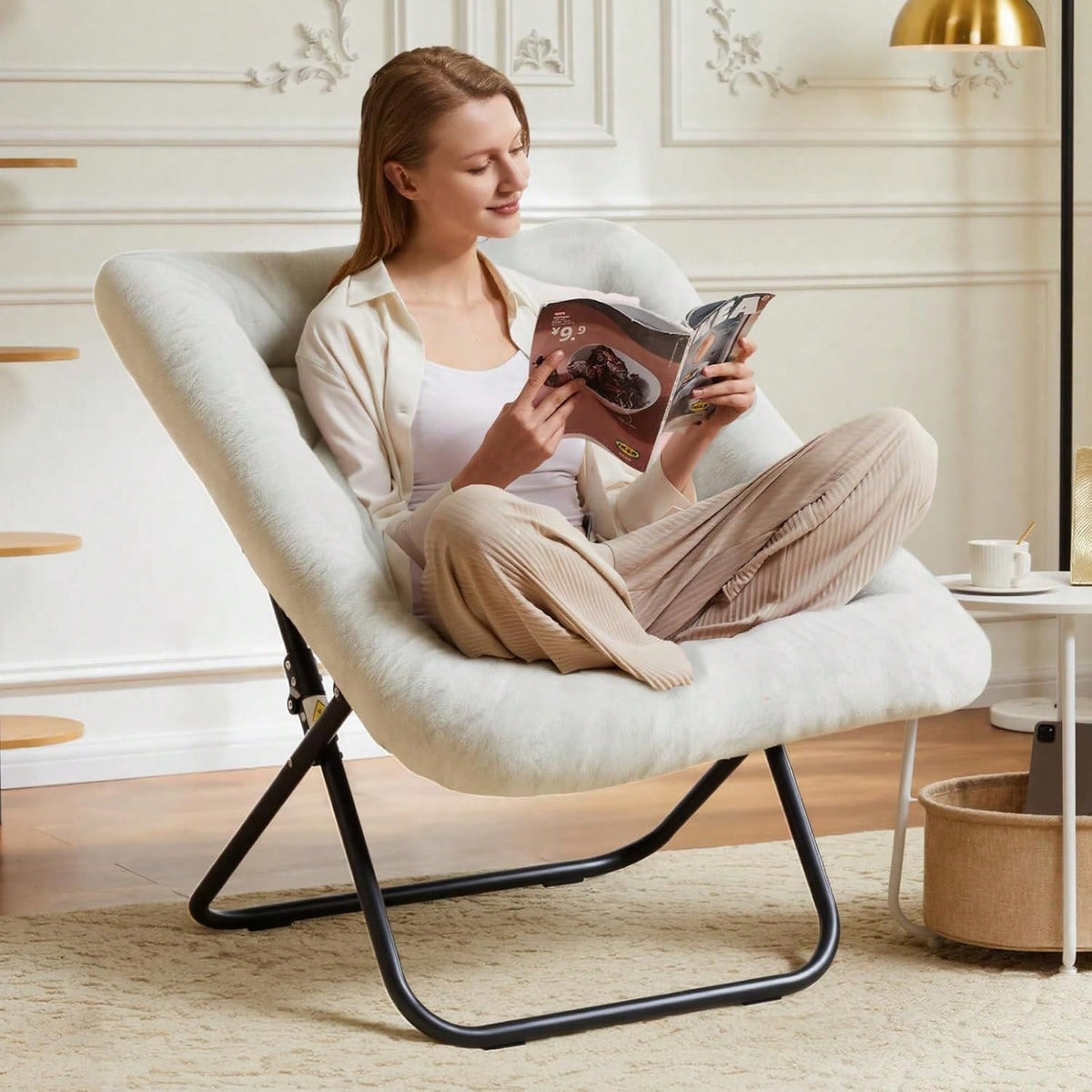 Sweetcrispy Comfy Chair For Adults, Soft Faux Fur Folding Lounge For Bedroom Living Room Dorm Rooms Flexible Reading Chair For Teens, Large Size Foldable,Square-White