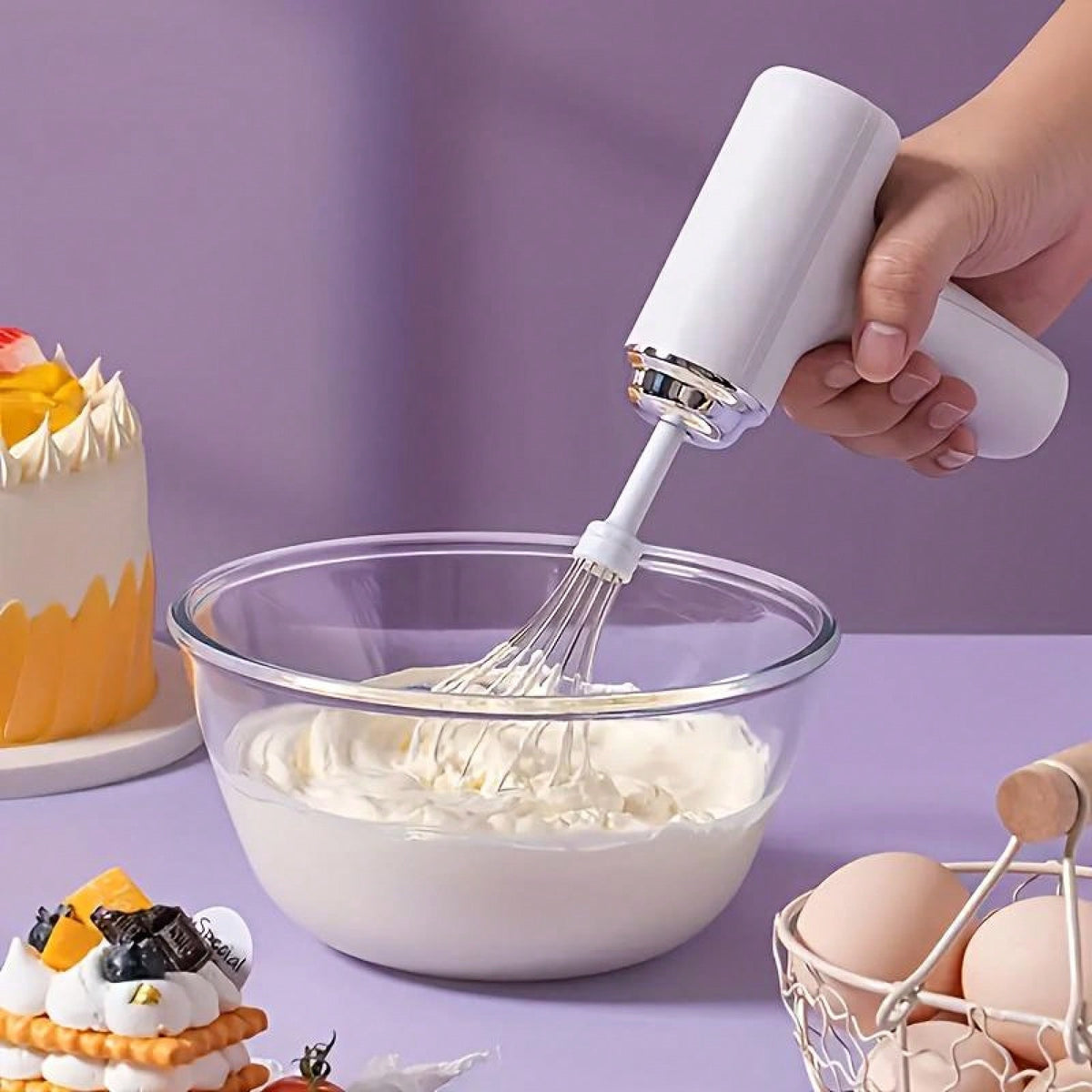 Cordless Electric Hand Mixer| 3-Speed Rechargeable Whisk With 2 Detachable Heads, Compact Baking Tool For Thin Batter / Eggs / Cookies| Ideal For Tiny Kitchen / RV / Camping (Macaron Purple & White)