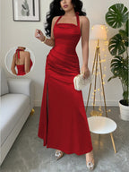 Elenzga Elegant Champagne Color Fitted Cami Dress, Elastic Satin Fabric Side Slit Maxi Length