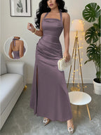 Elenzga Elegant Champagne Color Fitted Cami Dress, Elastic Satin Fabric Side Slit Maxi Length
