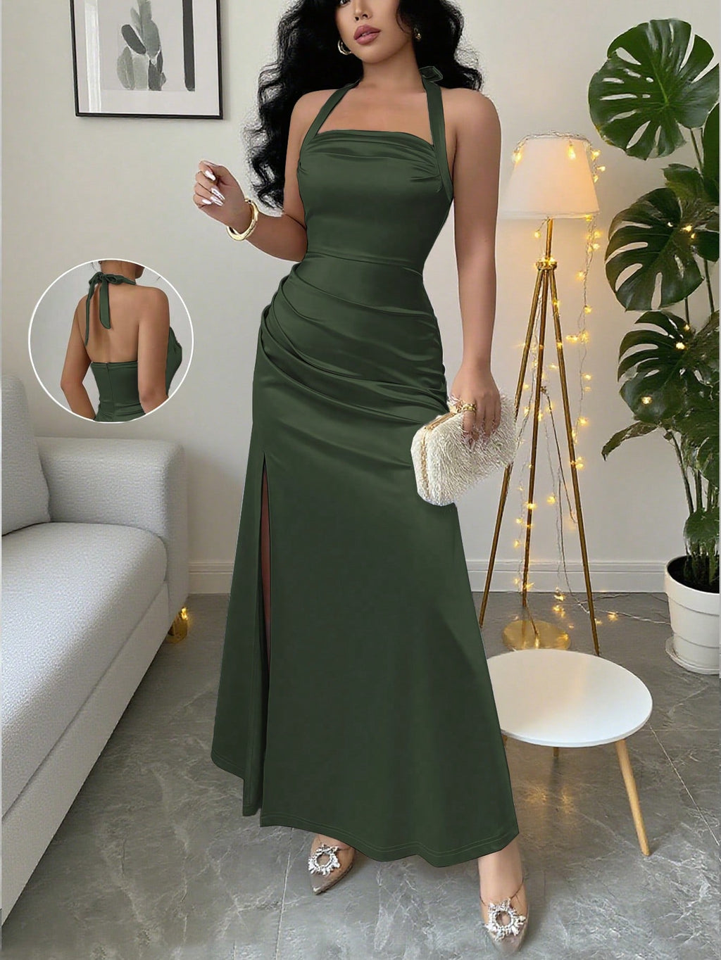 Elenzga Elegant Champagne Color Fitted Cami Dress, Elastic Satin Fabric Side Slit Maxi Length