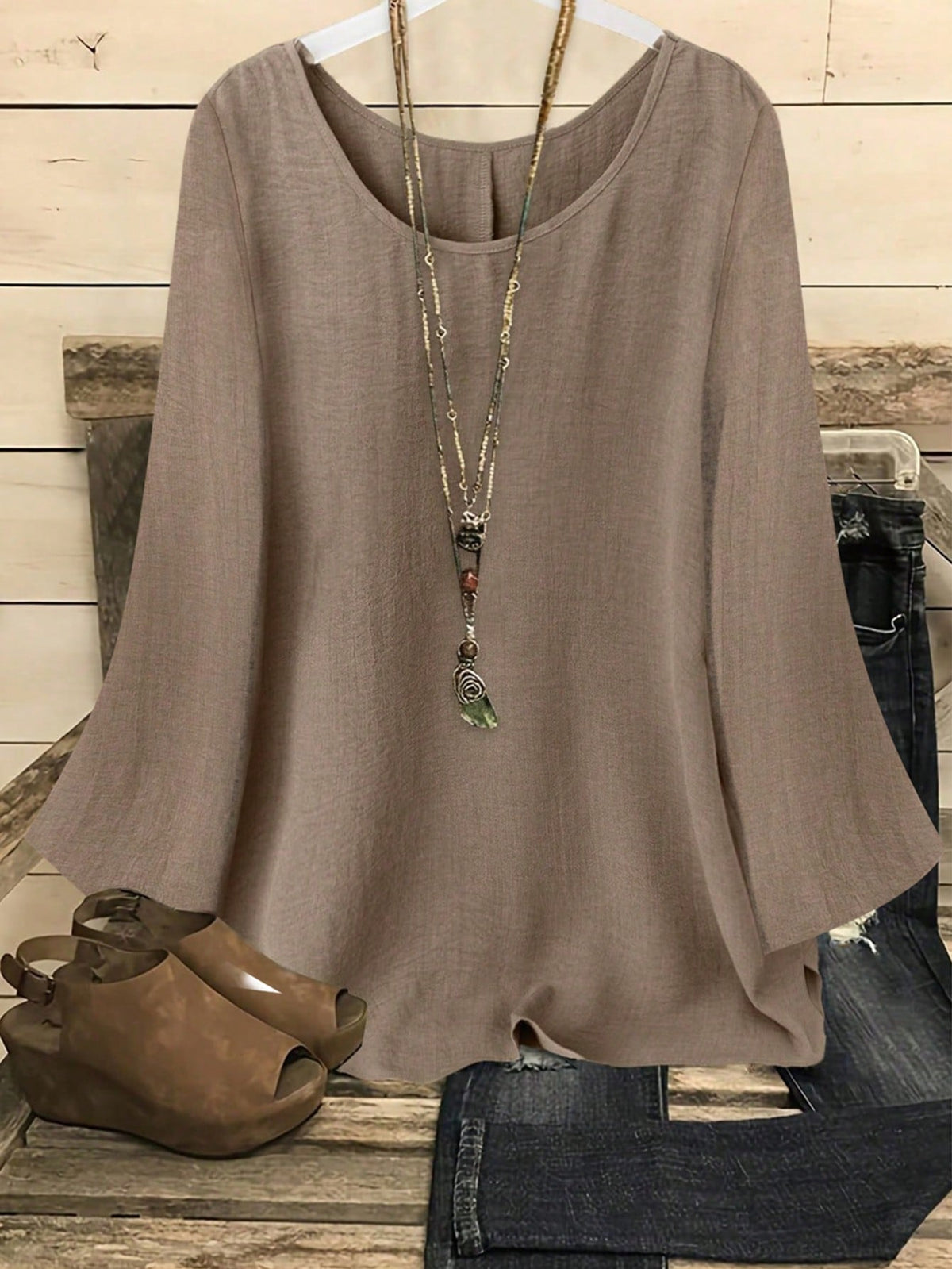 YFY Women's Casual Western Style Solid Color Round Neck Long Sleeve Flared Cuff Shirt, Soft & Lightweight Polyester Fabric, Suitable For Spring/Summer Everyday Wear & Loungewear