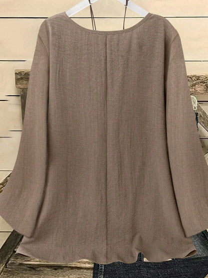 YFY Women's Casual Western Style Solid Color Round Neck Long Sleeve Flared Cuff Shirt, Soft & Lightweight Polyester Fabric, Suitable For Spring/Summer Everyday Wear & Loungewear