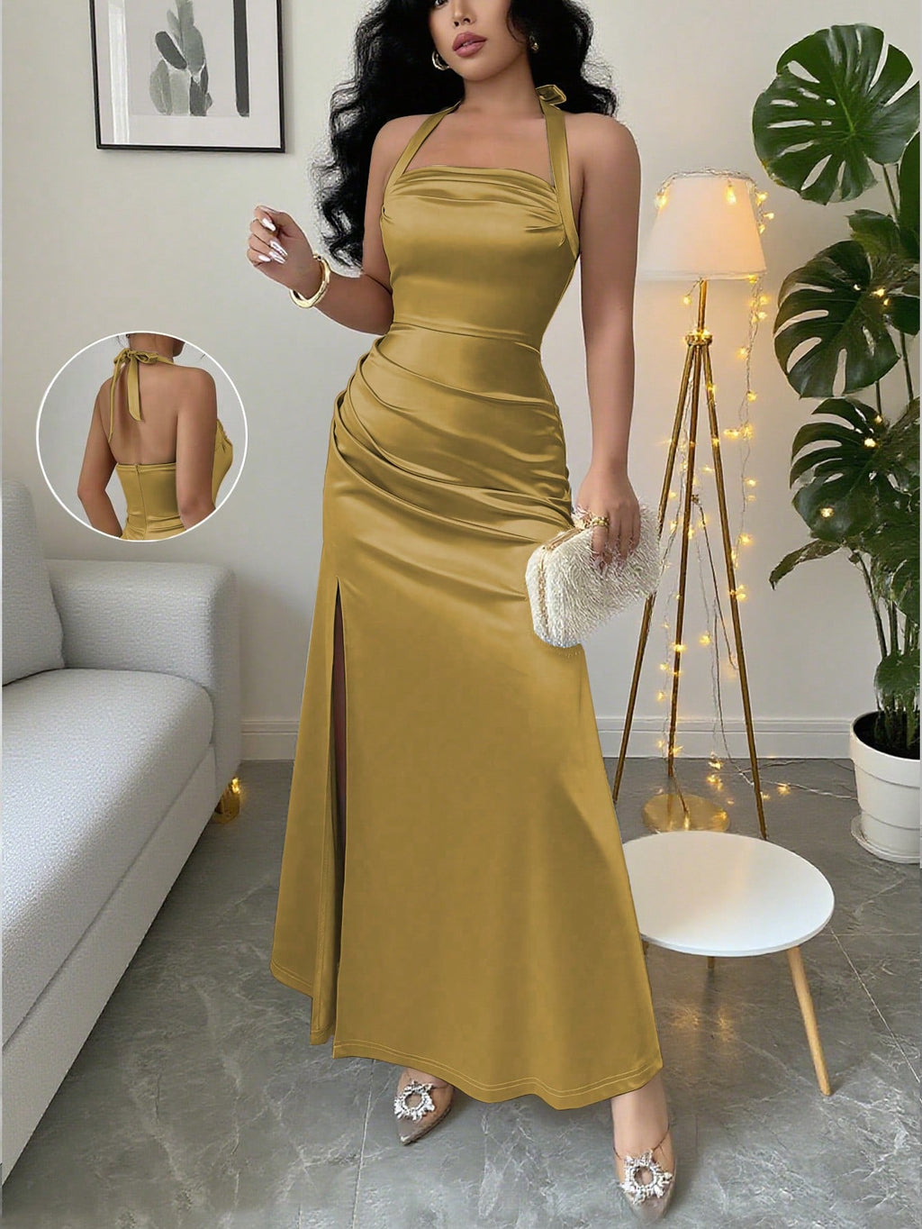 Elenzga Elegant Champagne Color Fitted Cami Dress, Elastic Satin Fabric Side Slit Maxi Length