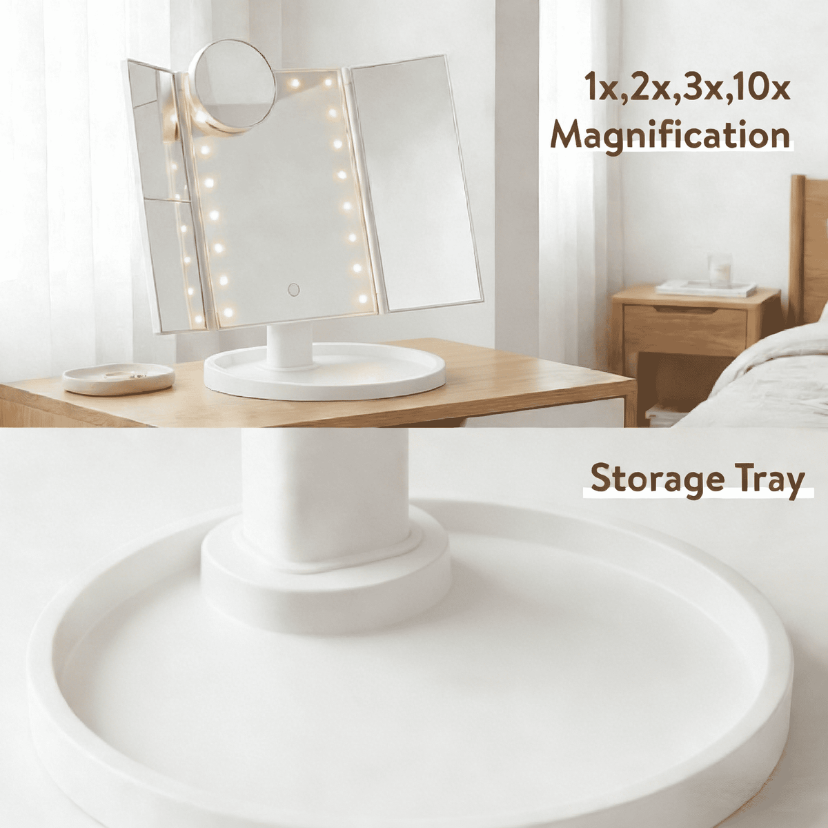 HOODINK Makeup Mirror, Tri-Fold Lighted Adjustable Vanity Makeup Mirror With 21 LED Lights, Touch Screen And 10X/3X/2X/1X Magnification, Two Power Supply Modes Make Up Mirror, 360° Rotation, Top Valentine's Day Gifts For Her(Rose Gold/White)