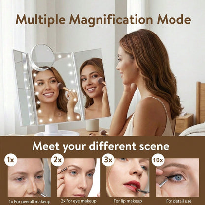HOODINK Makeup Mirror, Tri-Fold Lighted Adjustable Vanity Makeup Mirror With 21 LED Lights, Touch Screen And 10X/3X/2X/1X Magnification, Two Power Supply Modes Make Up Mirror, 360° Rotation, Top Valentine's Day Gifts For Her(Rose Gold/White)