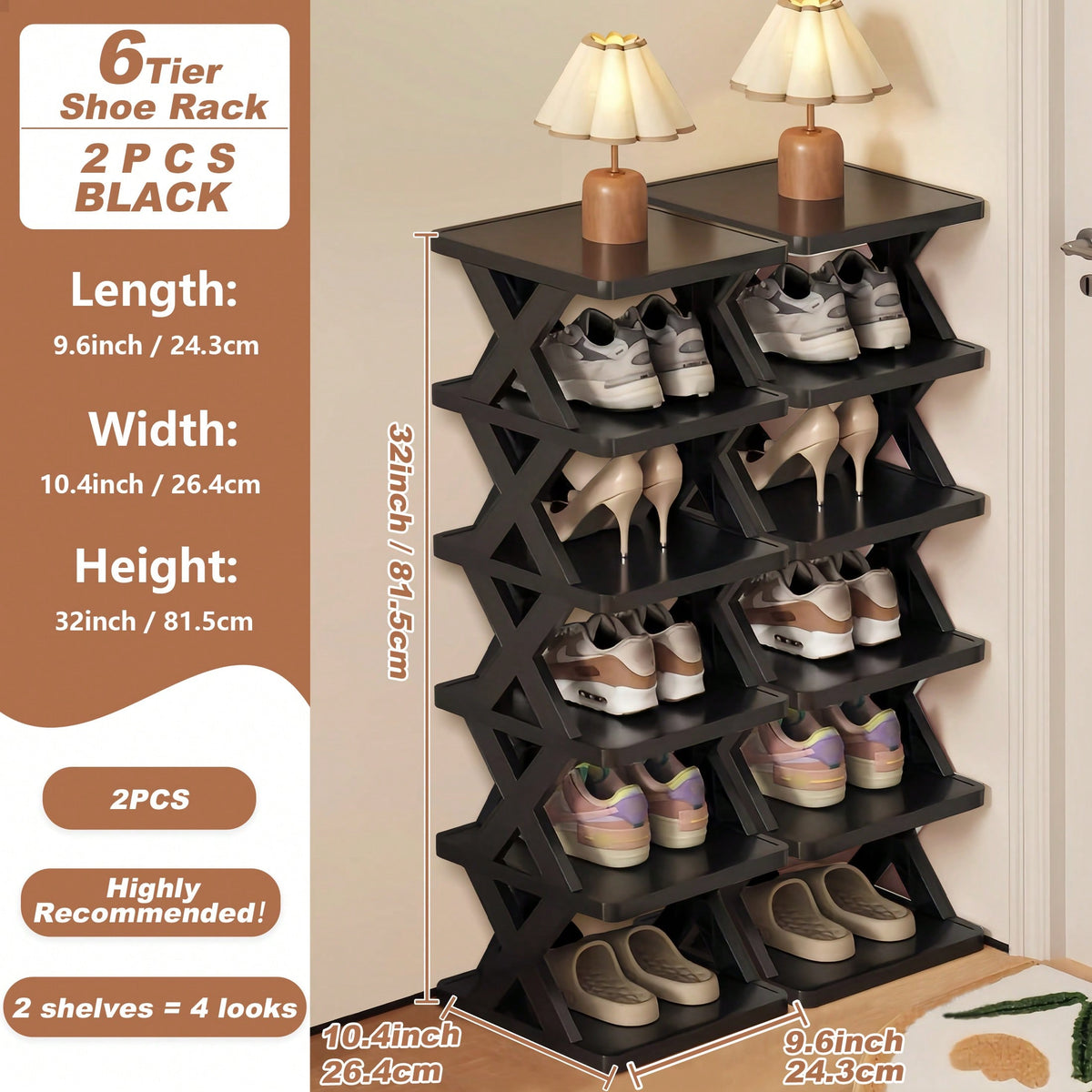 9/6 Tier Vertical Shoe Stand Space Saving Narrow Shoe Rack, Small Shoe Shelf, DIY Free Standing Shoes Storage Organizer For Entryway, Closet, Hallway, Easy Assembly And Stable In Structure, Black & White, Plastic Material, Consumables