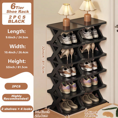 9/6 Tier Vertical Shoe Stand Space Saving Narrow Shoe Rack, Small Shoe Shelf, DIY Free Standing Shoes Storage Organizer For Entryway, Closet, Hallway, Easy Assembly And Stable In Structure, Black & White, Plastic Material, Consumables