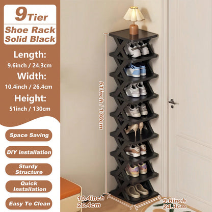 9/6 Tier Vertical Shoe Stand Space Saving Narrow Shoe Rack, Small Shoe Shelf, DIY Free Standing Shoes Storage Organizer For Entryway, Closet, Hallway, Easy Assembly And Stable In Structure, Black & White, Plastic Material, Consumables