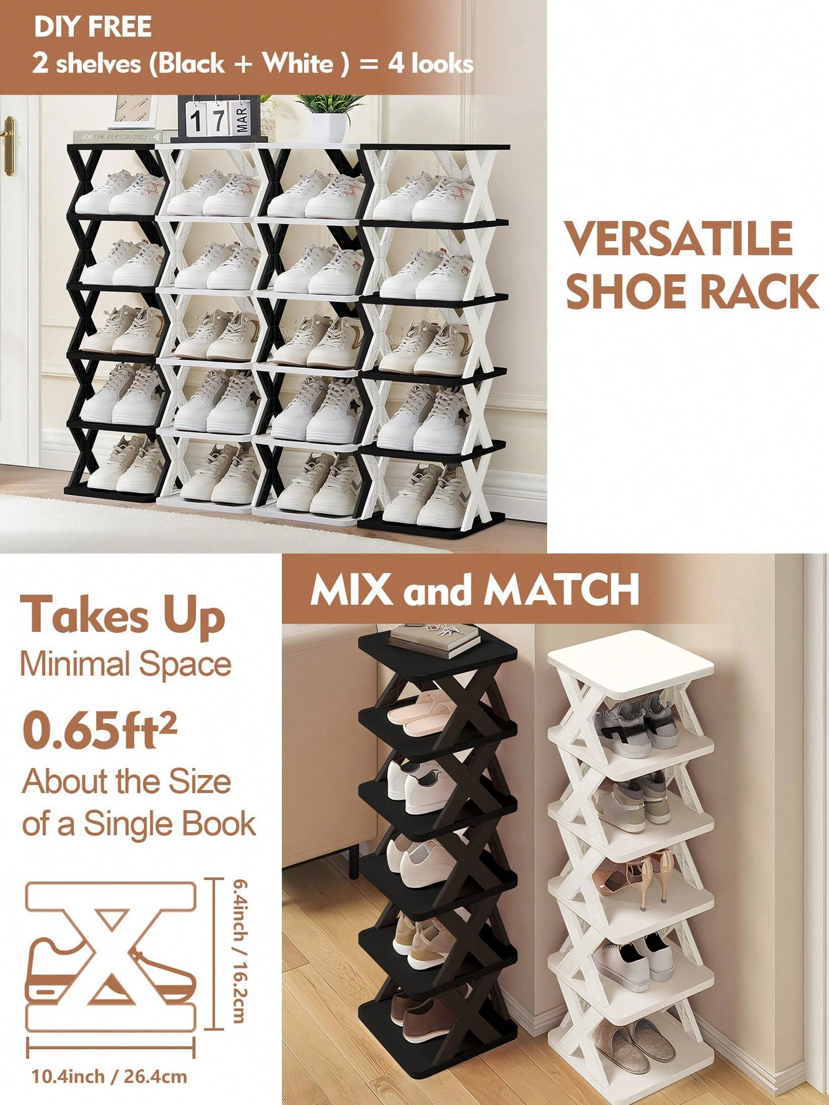 9/6 Tier Vertical Shoe Stand Space Saving Narrow Shoe Rack, Small Shoe Shelf, DIY Free Standing Shoes Storage Organizer For Entryway, Closet, Hallway, Easy Assembly And Stable In Structure, Black & White, Plastic Material, Consumables