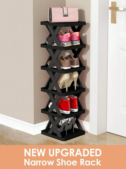 9/6 Tier Vertical Shoe Stand Space Saving Narrow Shoe Rack, Small Shoe Shelf, DIY Free Standing Shoes Storage Organizer For Entryway, Closet, Hallway, Easy Assembly And Stable In Structure, Black & White, Plastic Material, Consumables