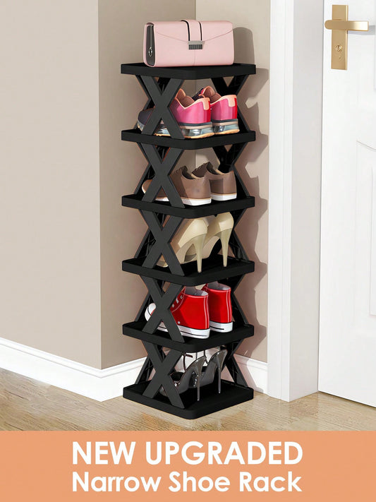 9/6 Tier Vertical Shoe Stand Space Saving Narrow Shoe Rack, Small Shoe Shelf, DIY Free Standing Shoes Storage Organizer For Entryway, Closet, Hallway, Easy Assembly And Stable In Structure, Black & White, Plastic Material, Consumables