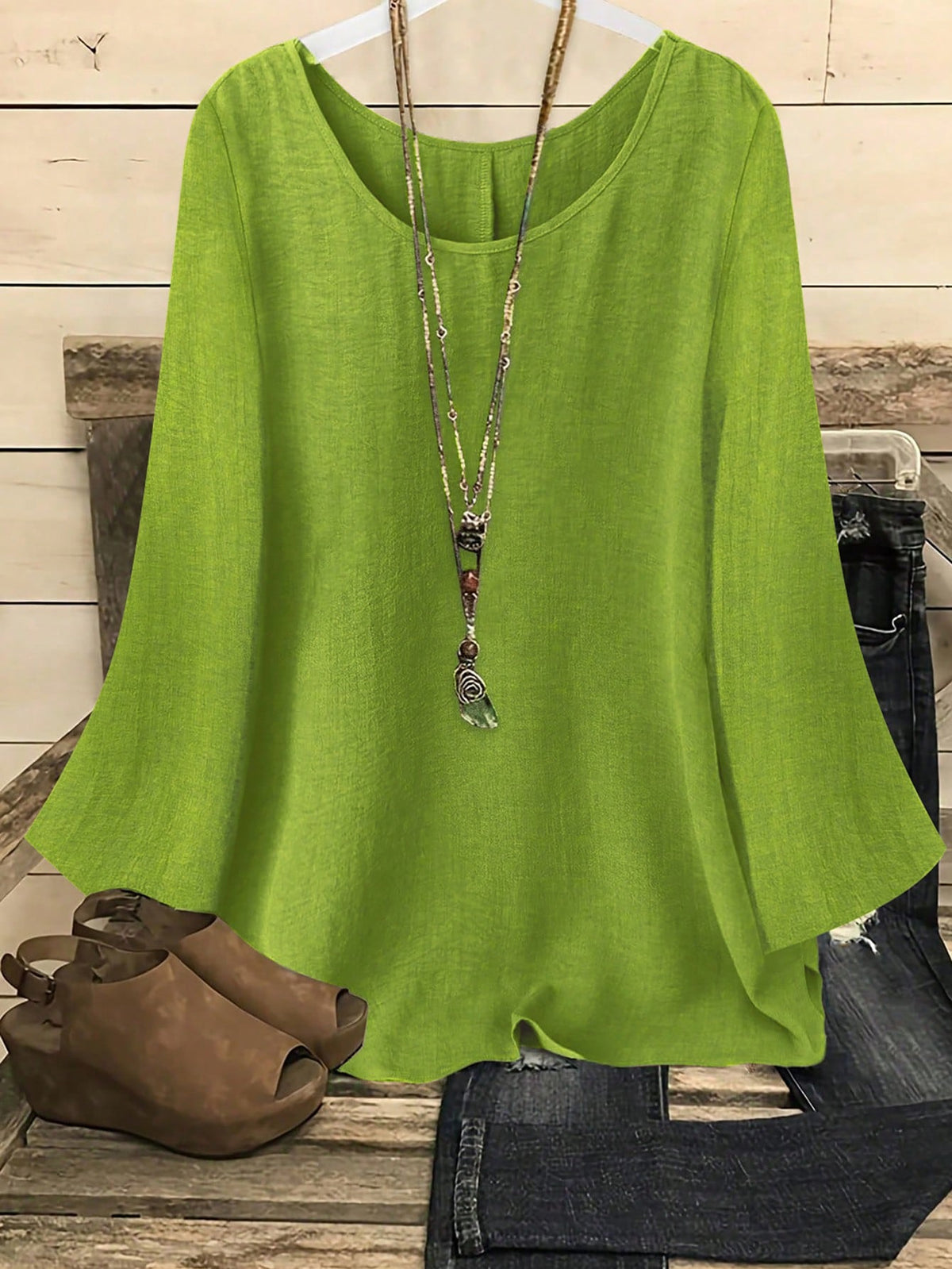 YFY Women's Casual Western Style Solid Color Round Neck Long Sleeve Flared Cuff Shirt, Soft & Lightweight Polyester Fabric, Suitable For Spring/Summer Everyday Wear & Loungewear