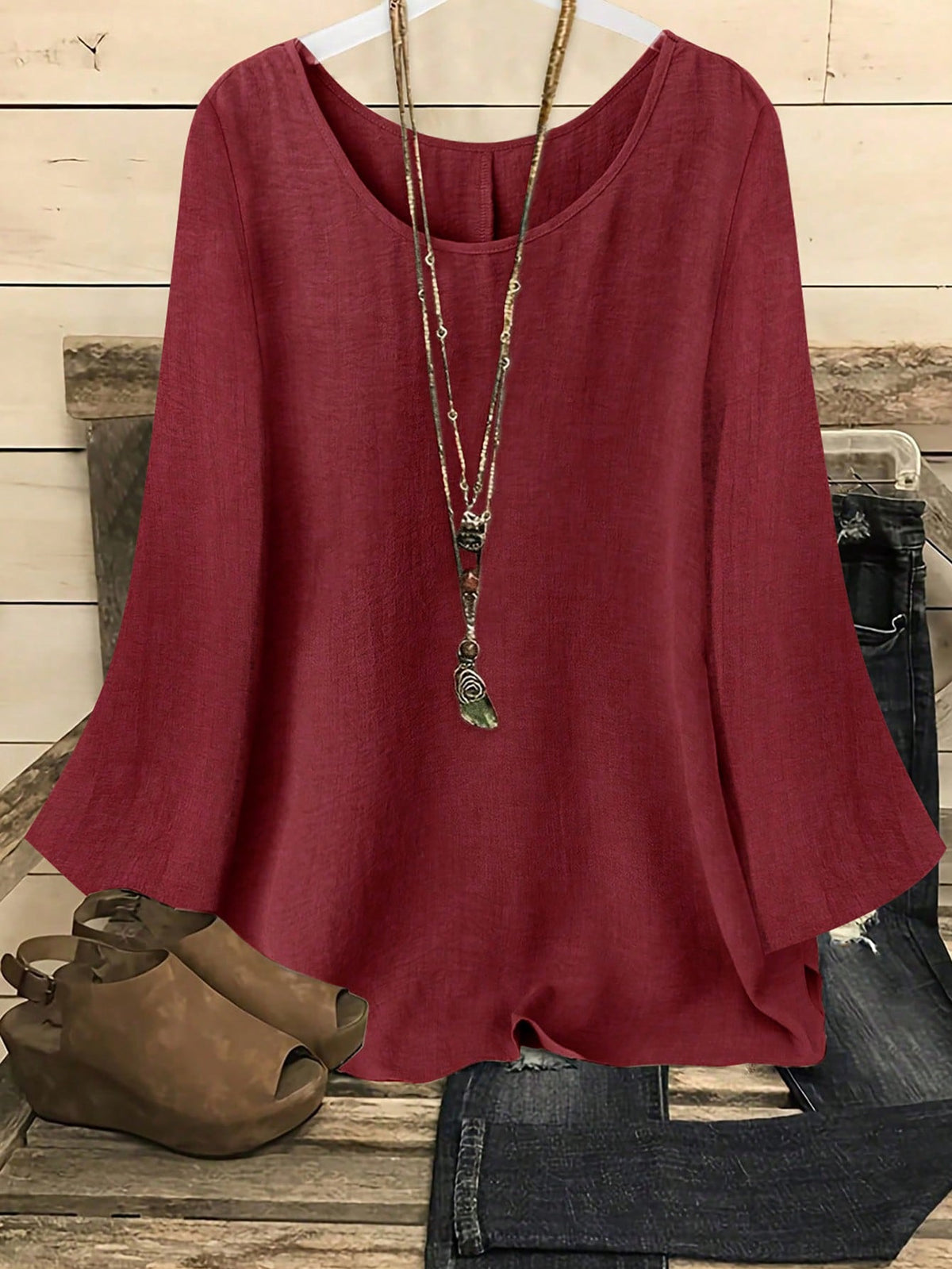 YFY Women's Casual Western Style Solid Color Round Neck Long Sleeve Flared Cuff Shirt, Soft & Lightweight Polyester Fabric, Suitable For Spring/Summer Everyday Wear & Loungewear