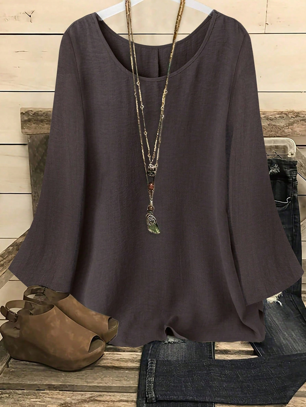 YFY Women's Casual Western Style Solid Color Round Neck Long Sleeve Flared Cuff Shirt, Soft & Lightweight Polyester Fabric, Suitable For Spring/Summer Everyday Wear & Loungewear
