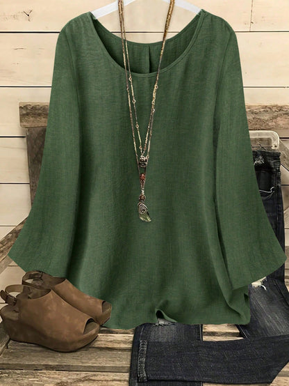 YFY Women's Casual Western Style Solid Color Round Neck Long Sleeve Flared Cuff Shirt, Soft & Lightweight Polyester Fabric, Suitable For Spring/Summer Everyday Wear & Loungewear
