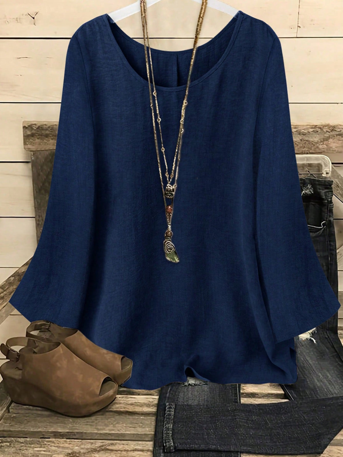 YFY Women's Casual Western Style Solid Color Round Neck Long Sleeve Flared Cuff Shirt, Soft & Lightweight Polyester Fabric, Suitable For Spring/Summer Everyday Wear & Loungewear