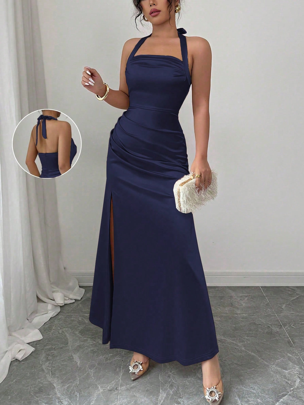 Elenzga Elegant Champagne Color Fitted Cami Dress, Elastic Satin Fabric Side Slit Maxi Length