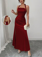 Elenzga Elegant Champagne Color Fitted Cami Dress, Elastic Satin Fabric Side Slit Maxi Length