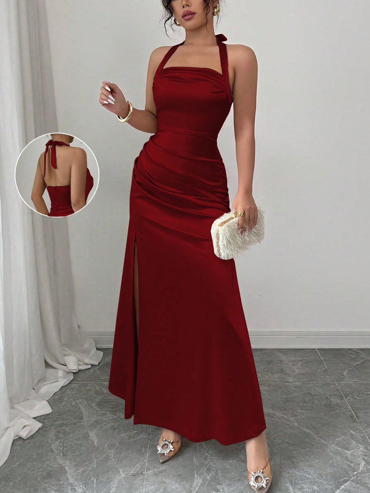Elenzga Elegant Champagne Color Fitted Cami Dress, Elastic Satin Fabric Side Slit Maxi Length