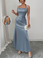 Elenzga Elegant Champagne Color Fitted Cami Dress, Elastic Satin Fabric Side Slit Maxi Length