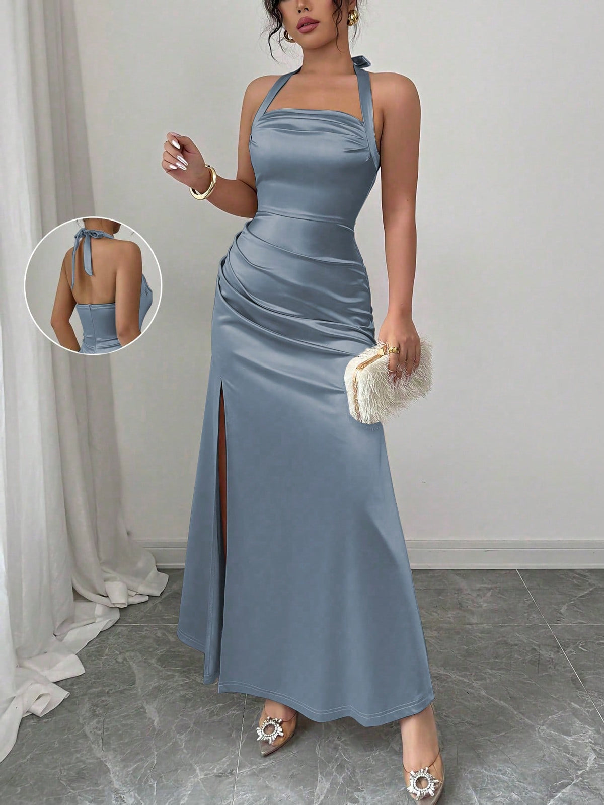 Elenzga Elegant Champagne Color Fitted Cami Dress, Elastic Satin Fabric Side Slit Maxi Length