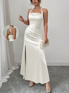 Elenzga Elegant Champagne Color Fitted Cami Dress, Elastic Satin Fabric Side Slit Maxi Length