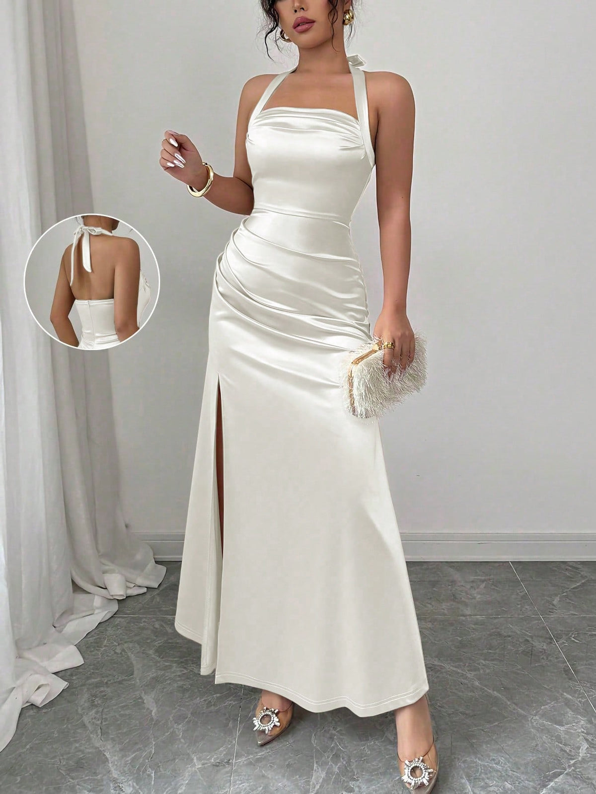 Elenzga Elegant Champagne Color Fitted Cami Dress, Elastic Satin Fabric Side Slit Maxi Length