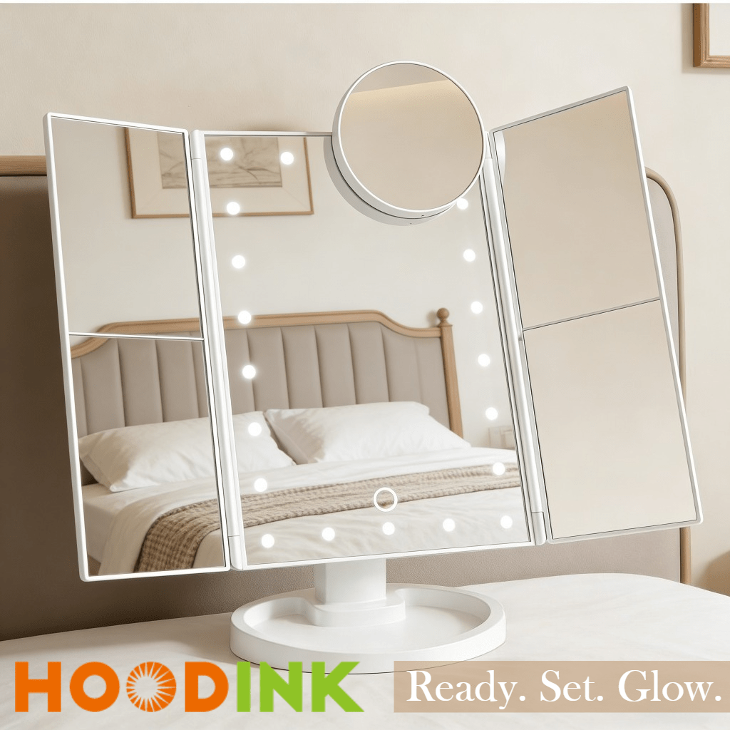 HOODINK Makeup Mirror, Tri-Fold Lighted Adjustable Vanity Makeup Mirror With 21 LED Lights, Touch Screen And 10X/3X/2X/1X Magnification, Two Power Supply Modes Make Up Mirror, 360° Rotation, Top Valentine's Day Gifts For Her(Rose Gold/White)