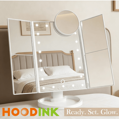 HOODINK Makeup Mirror, Tri-Fold Lighted Adjustable Vanity Makeup Mirror With 21 LED Lights, Touch Screen And 10X/3X/2X/1X Magnification, Two Power Supply Modes Make Up Mirror, 360° Rotation, Top Valentine's Day Gifts For Her(Rose Gold/White)
