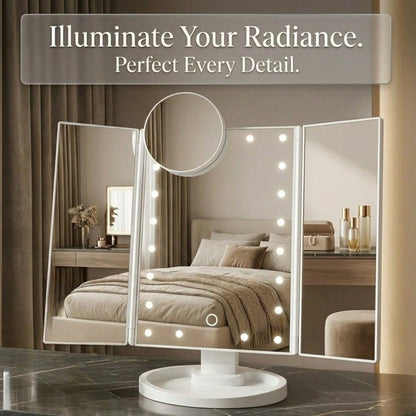 HOODINK Makeup Mirror, Tri-Fold Lighted Adjustable Vanity Makeup Mirror With 21 LED Lights, Touch Screen And 10X/3X/2X/1X Magnification, Two Power Supply Modes Make Up Mirror, 360° Rotation, Top Valentine's Day Gifts For Her(Rose Gold/White)