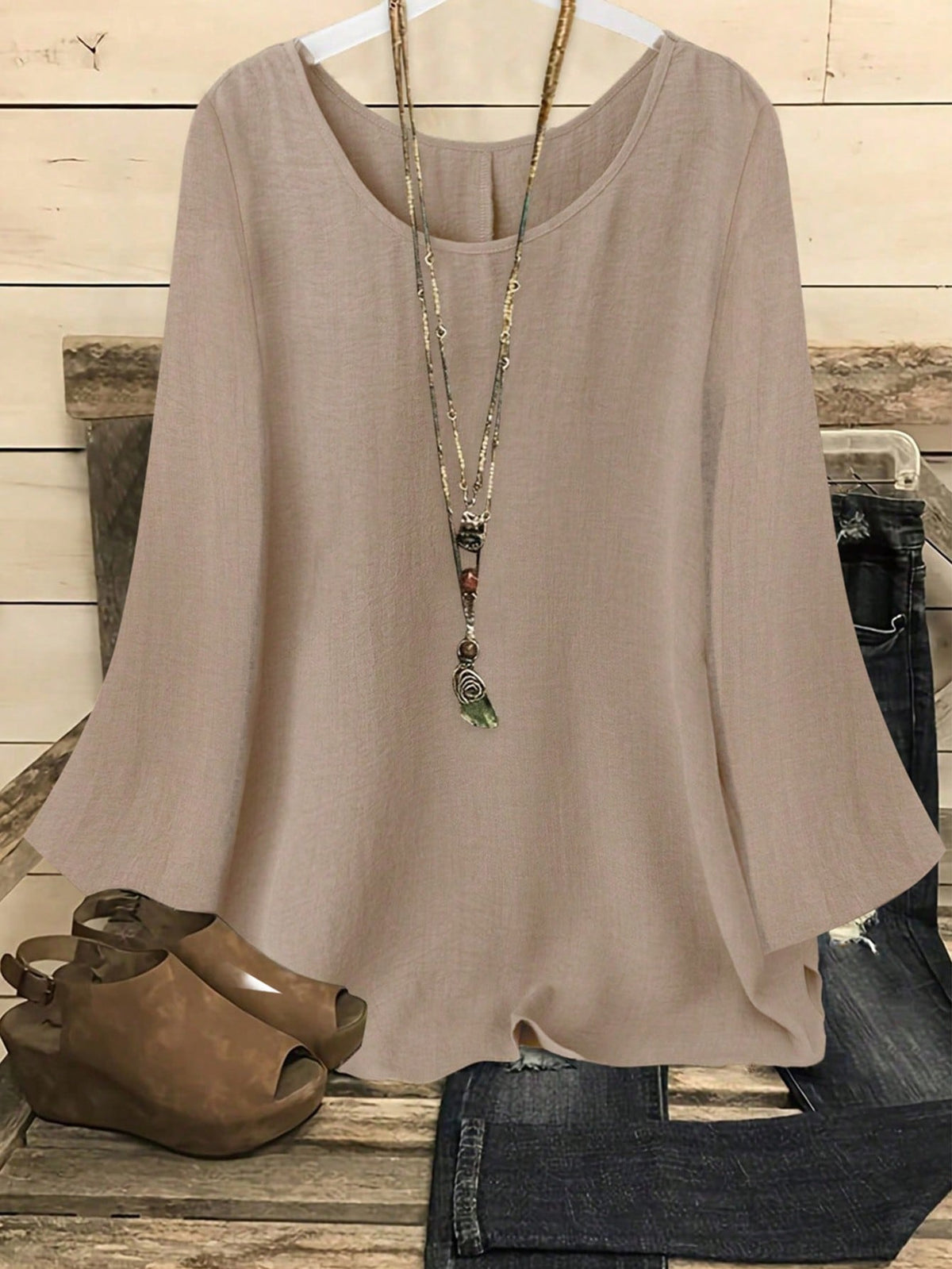 YFY Women's Casual Western Style Solid Color Round Neck Long Sleeve Flared Cuff Shirt, Soft & Lightweight Polyester Fabric, Suitable For Spring/Summer Everyday Wear & Loungewear